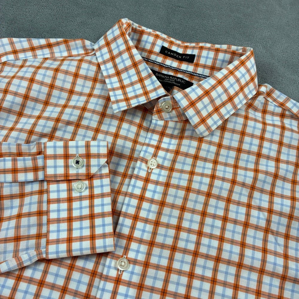 Banana Republic Camden Fit Men's Large Orange Blue Plaid Non-Iron Cotton Shirt